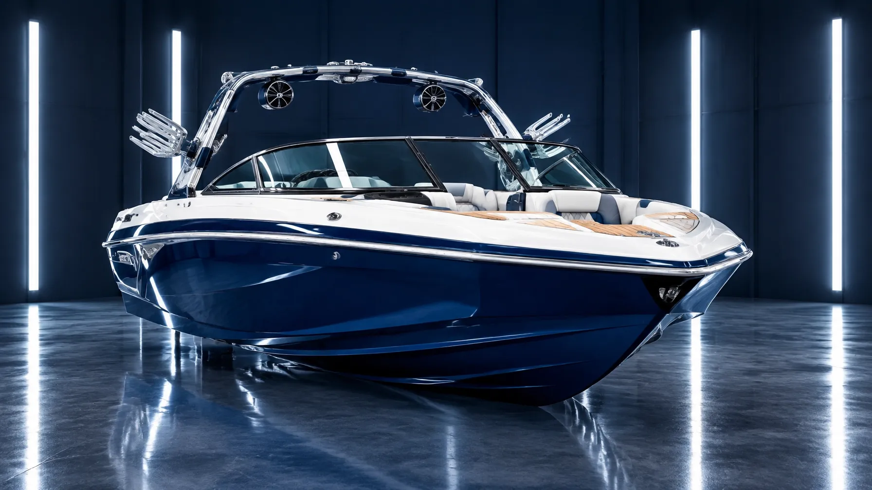 Navy and white boat under professional detailing lights