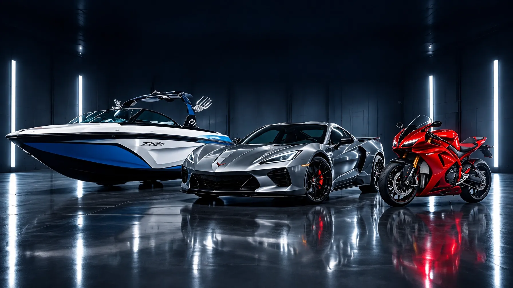 A detailed boat, luxury car and sport motorcycle in a professional inspection-lit studio
