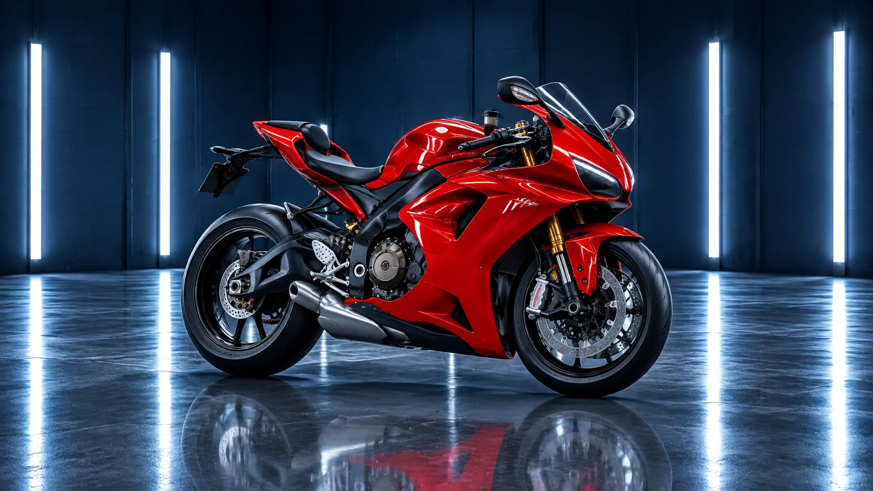 Red sport motorcycle in a clean detailing studio